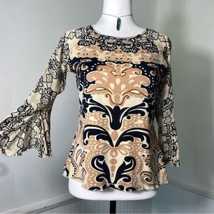 Tease - Tan Beige Brown Black Floral Beaded Sequin Mesh Flared 3/4 Sleeve Top